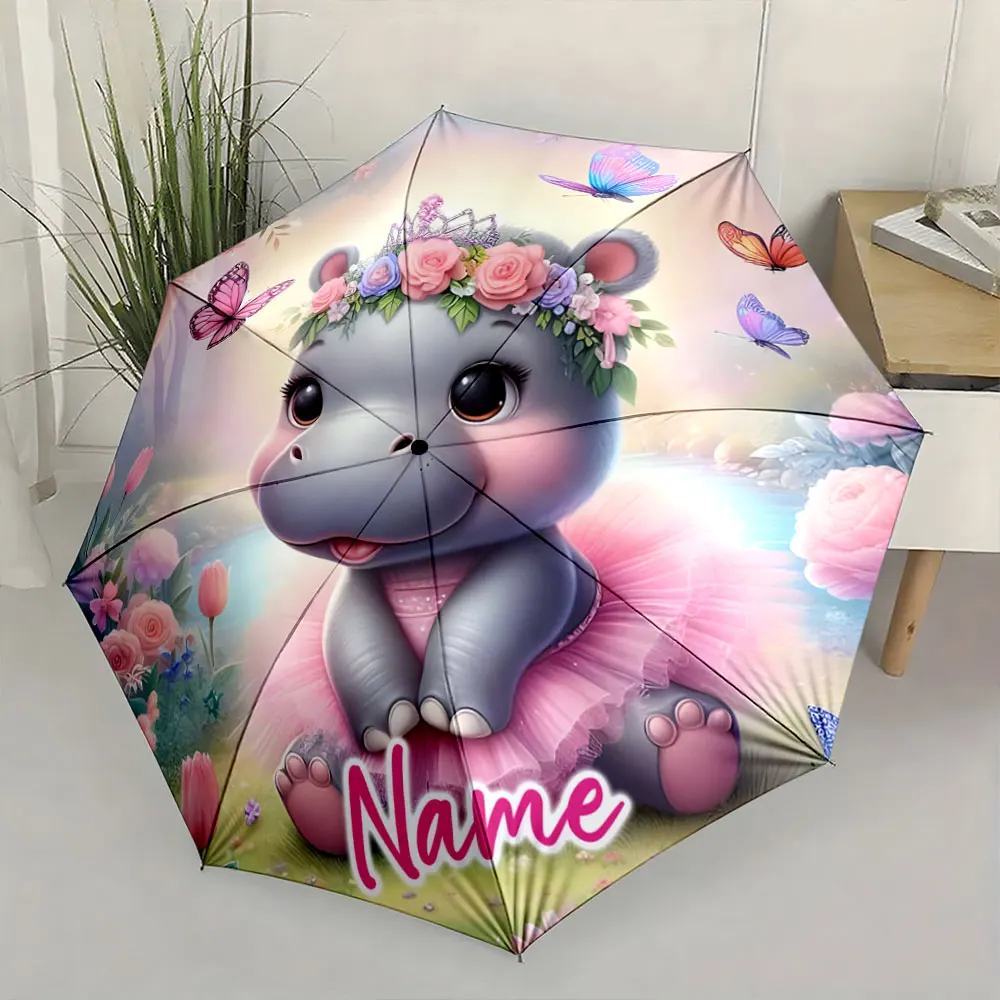 Custom Name Adorable hippo-themed umbrella with colorful butterflies 8 Iron Ribs Folding Umbrella Auto-Open Fashion Sunshade