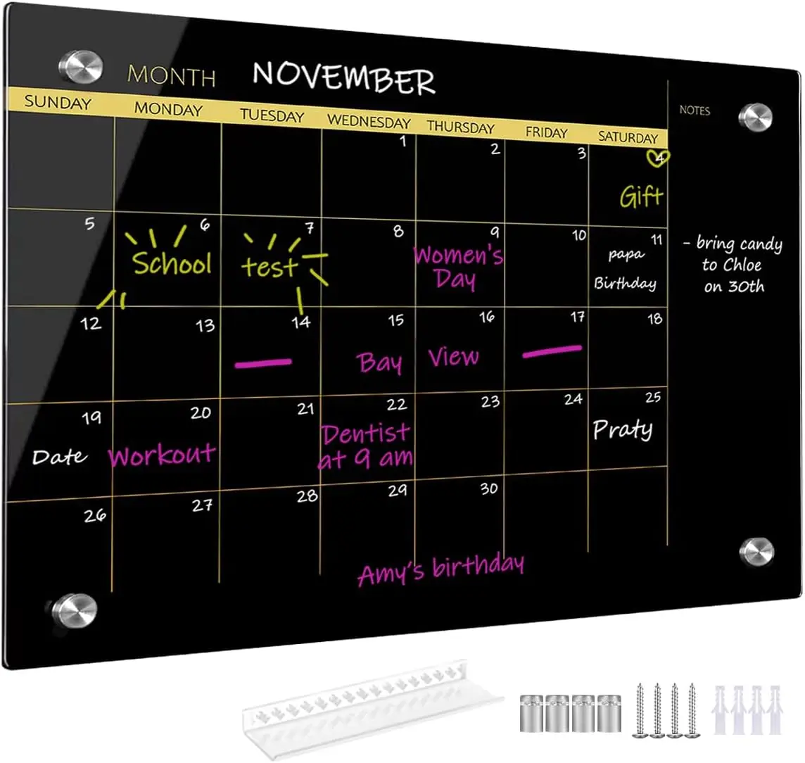 

Frameless Glass Dry Erase Whiteboard, 18" x 24", Monthly Calendar with Golden Lines for Home Office School