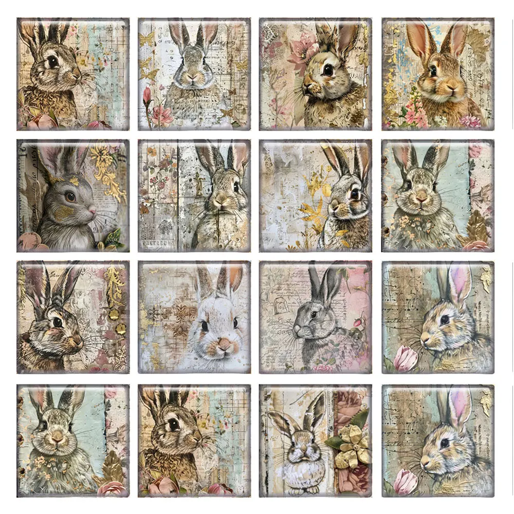 

10pcs/lots Retro Cute Bunny Rabbit Easter Square Photo Glass Cabochon Flatback Demo Flat Back Cameo For Diy Jewelry Making