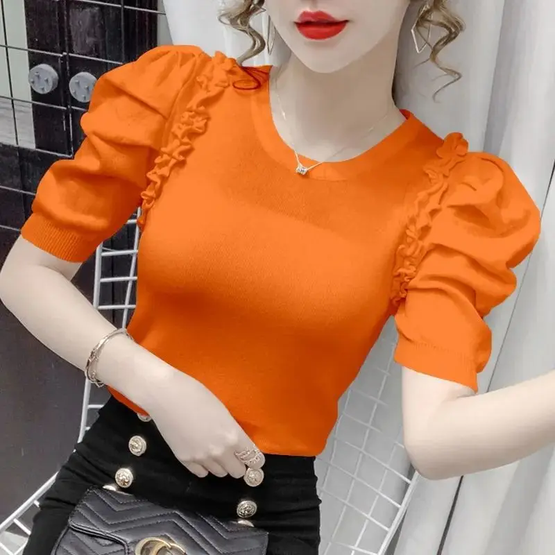 

2025 Summer New Slim Knitted Korean Tops All-match Shirt Fashion O-Neck Spliced Ruffles Puff Sleeve Blouses Female Clothing