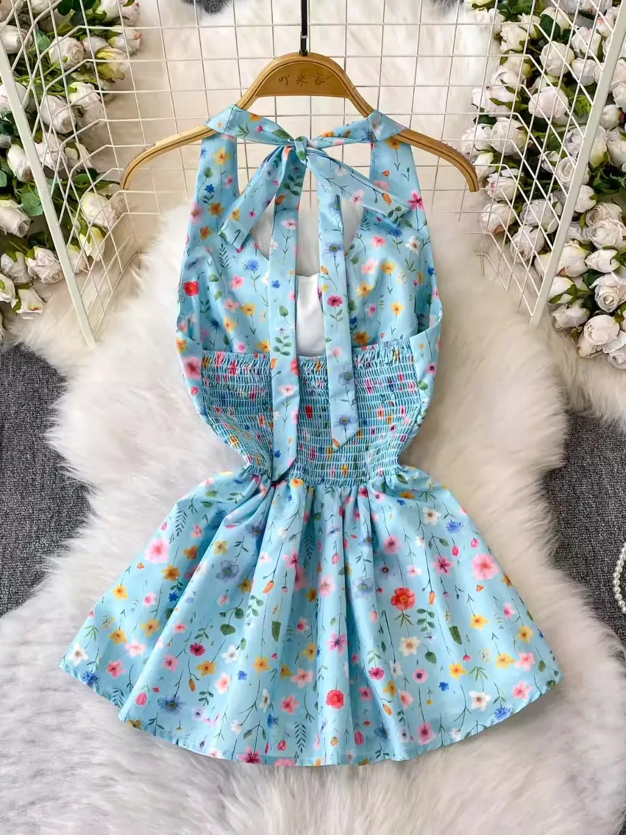 Foamlina vacances doux bleu fleuri col en V licou Camis Corp haut femmes été léger Mature Sexy dos nu cravate gilet Blouse