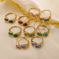 V. Stainless Steel Water Droplet Block Element Inlaid Zircon Opening Ring Women Fashion Jewelry
