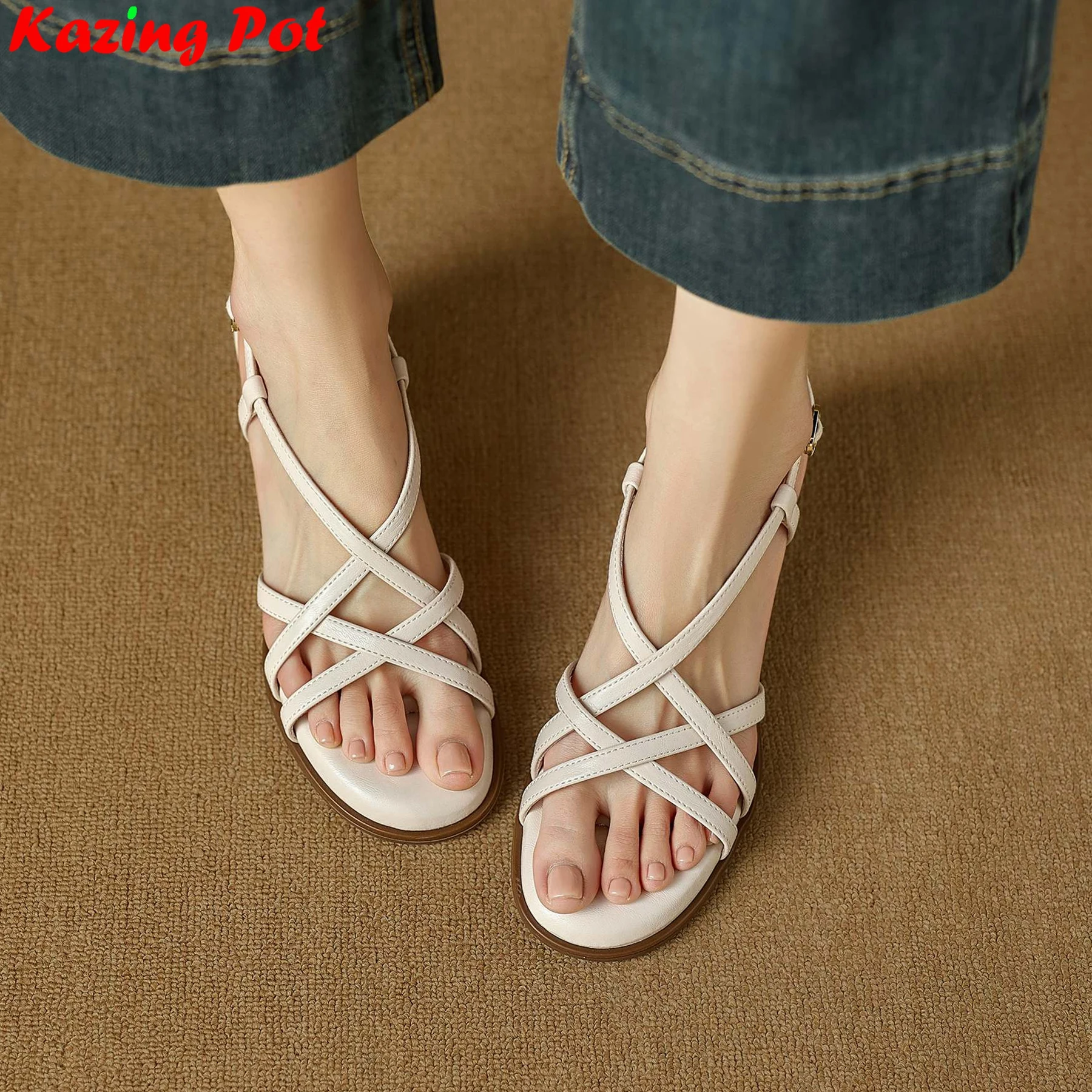 Plus Size 34-41 Cow Skin Peep Toe Buckle Straps Summer Shoes Fashion Chic Retro Concise Dating Slingback Modern Women Sandals
