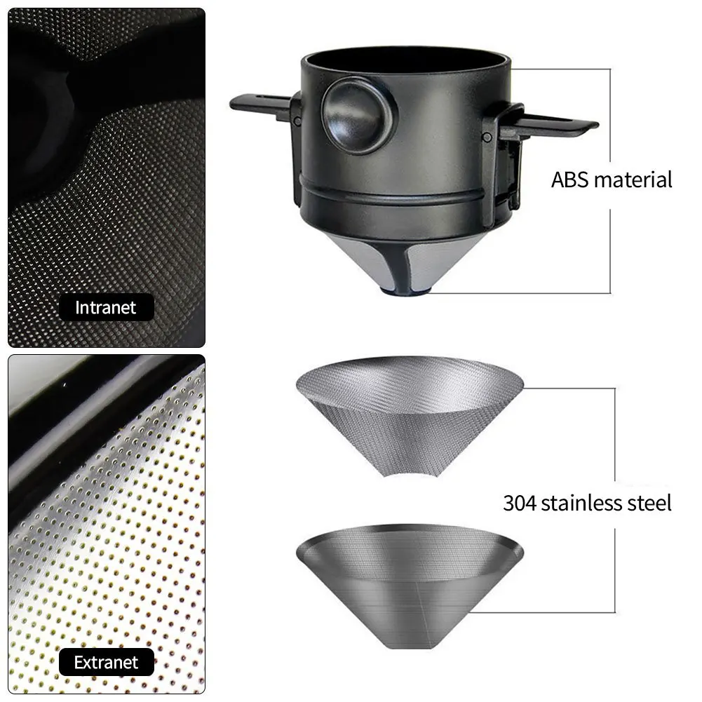 Stainless steel non filter paper coffee funnel filter, portable folding hanging ear hand brewed coffee filter cup