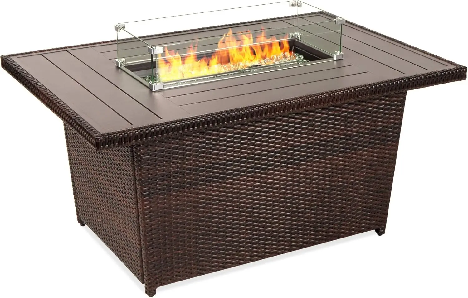 

Best Choice Products 52in 50,000 BTU Outdoor Wicker Patio Propane Gas Fire Pit Table w/Aluminum Tabletop, Glass Wind Guard