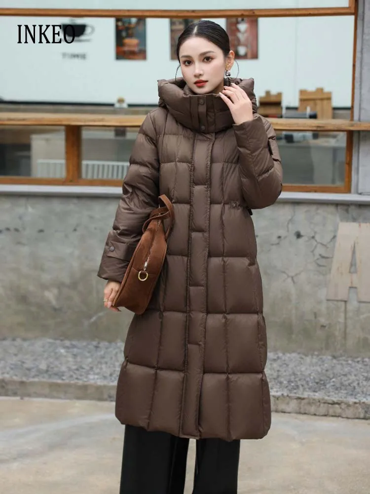 

Luxury Women Long down jacket with hooded 2026 Winter Warm Fashionable long sleeve puffer coat Ladies outwear Black INKEO DJ626