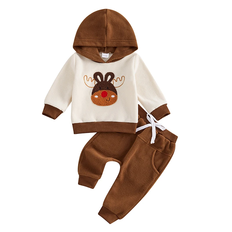 Infant Toddler Boys Fall Outfits Elk Pattern Long Sleeve Hooded Tops with Elastic Waist Pants 2 Pcs Set