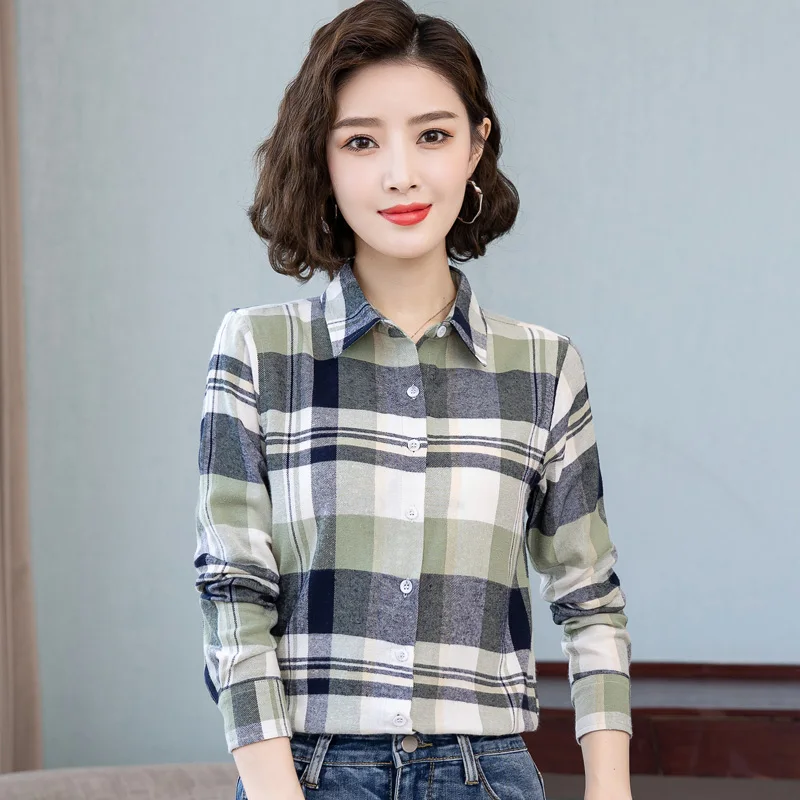 New Female Spring And Autumn Checkered Korean Loose Shirt Women\'S Long Sleeved Pure Cotton Fashion Casual Lapel Versatile Top