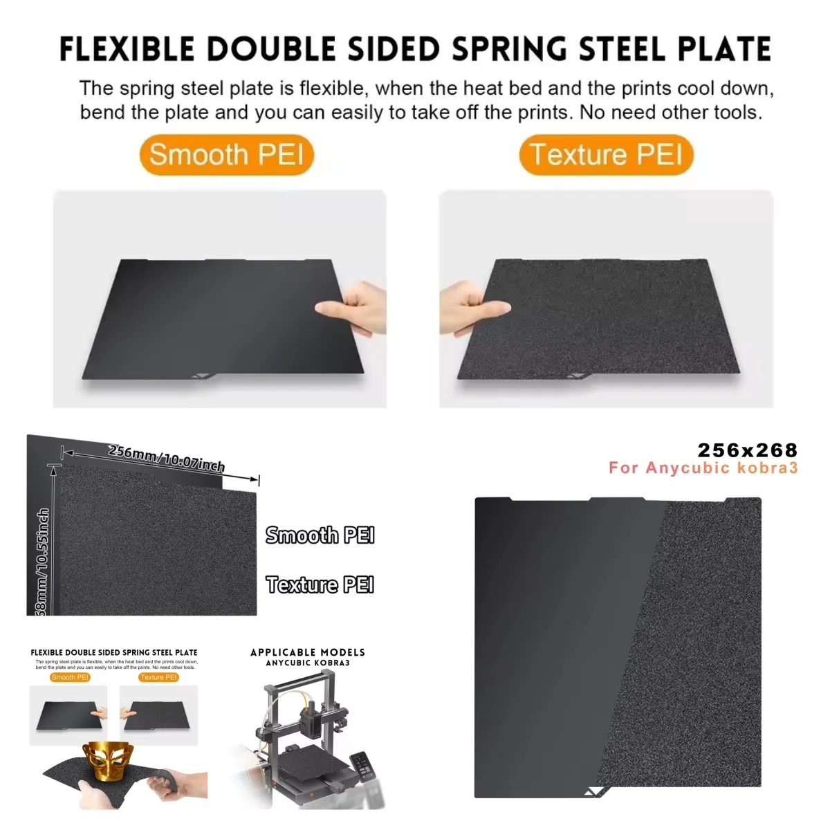 

Комбинированная конструкционная пластина PEI Anycubic Kobra 3 256x268, лист пружинной стали PEO PET, двухсторонняя гладкая конструкционная пластина Anycubic Kobra 3