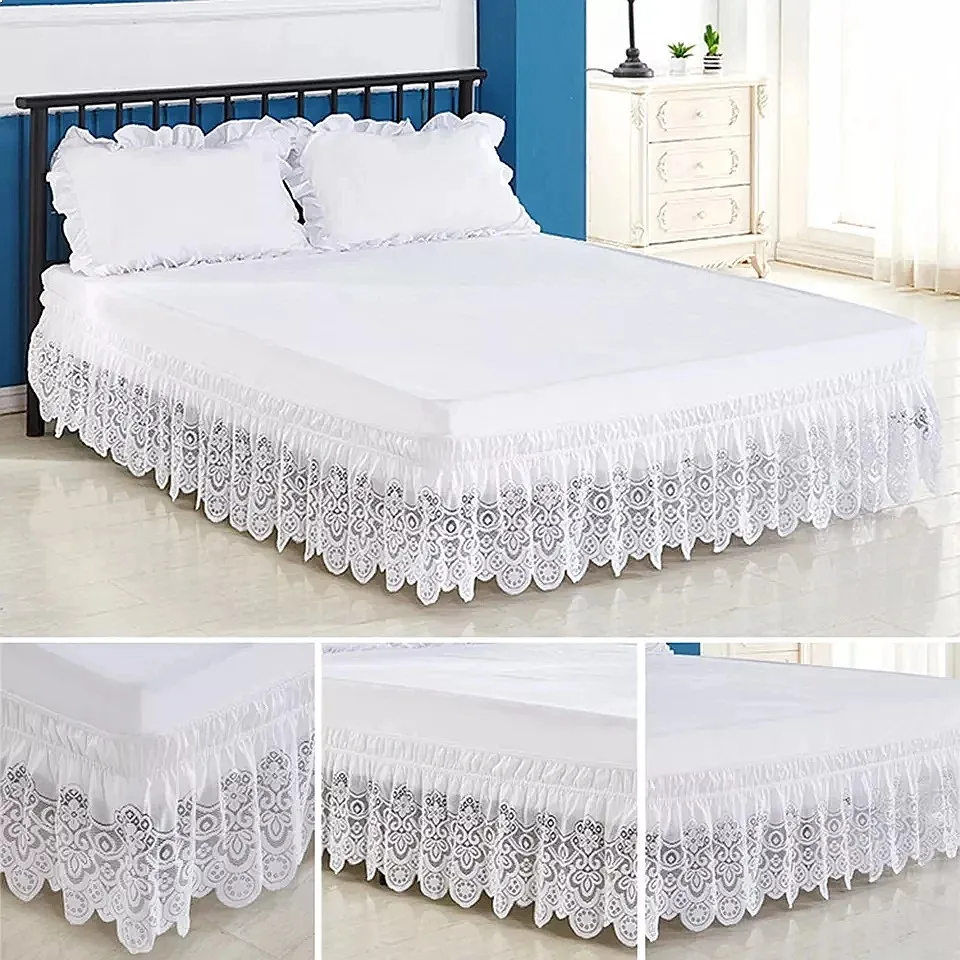 Elegant Jacquard Lace Floral Ruffled Bed Skirt 15 Inch High with Strong Elastic Belt