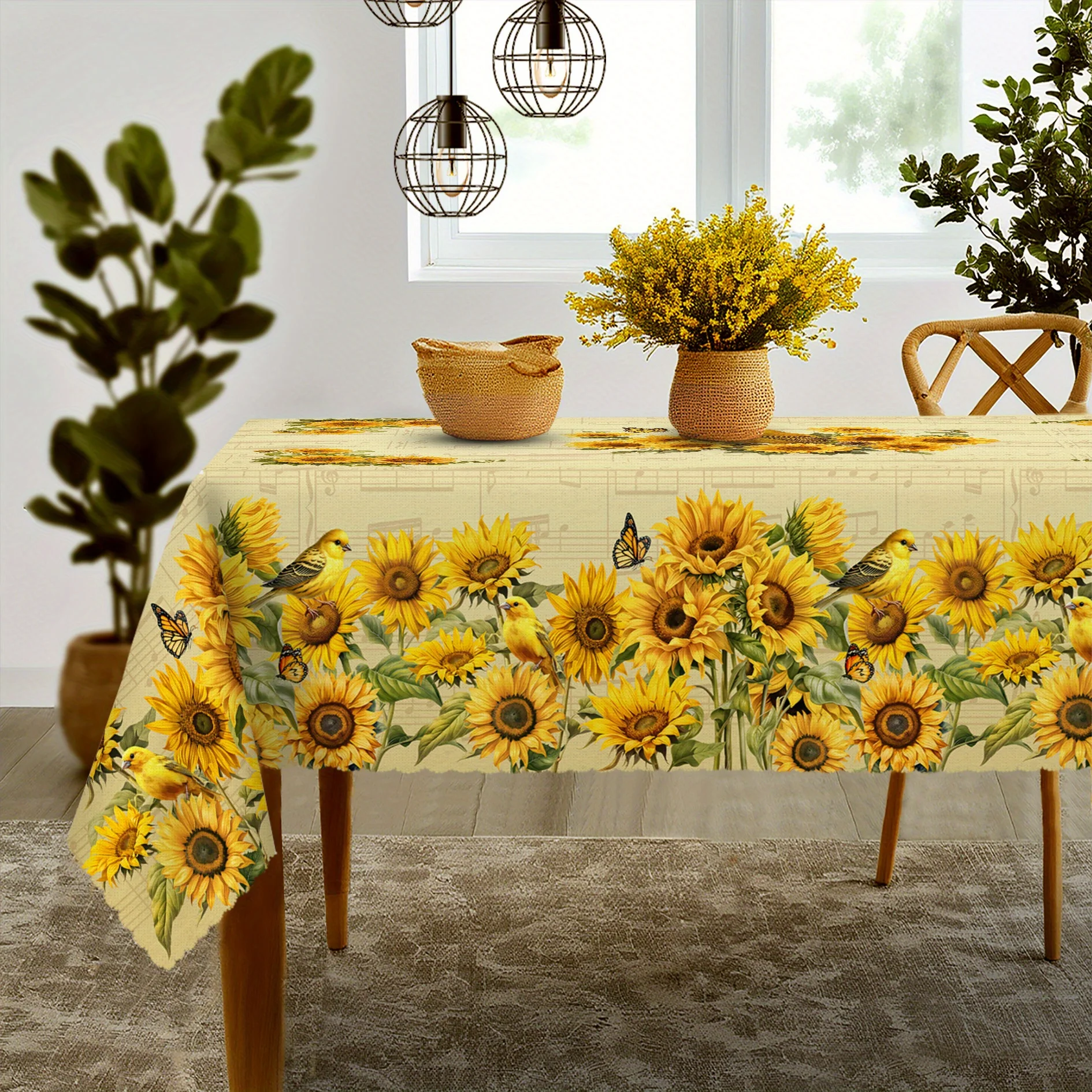 One sunny yellow sunflower tablecloth with a retro design featuring yellow birds