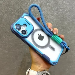 Armor Candy Color Clash For Magsafe Phone Case For iPhone 11 12 13 14 15 16 Pro Max Plus Stand With Wrist Strap Phone Back Cover