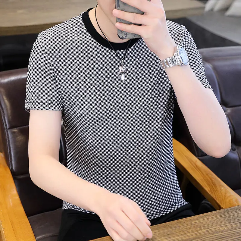 

Men's Ice Silk Short Sleeve Summer New Round Neck T-Shirt Trendy Matching Jacquard Hollow Out