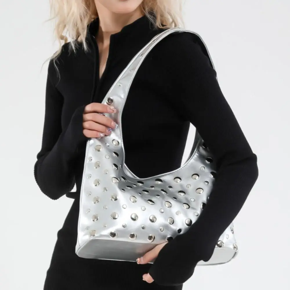 

Casual Metal Stud Rivet Shoulder Bag Punk Style Sweet Cool Underarm Bag Spicy Girl Handbag Bucket Bag Daily