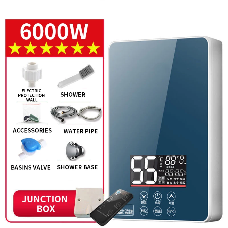 6KW سخانات المياه الكهربائية التدفئة الفورية 3-ثانية دش ساخن للاستخدام المنزلي زر واحد بدء التشغيل إعداد درجة الحرارة الماء الساخن Hea