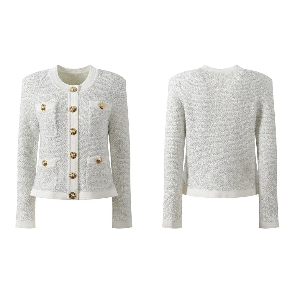 CHUJIE 2025 Otoño Invierno nuevo estilo francés cuello redondo botón de Metal cuatro bolsillos abrigo elegante moda versátil Top