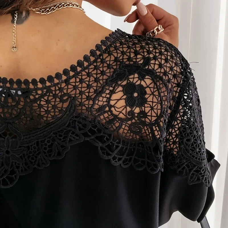 Summer Women New Crochet Lace Blouse Casual Sexy Lace Stitching White Shirts Vintage Elegant Ladies Loose Tops Blusas 12459