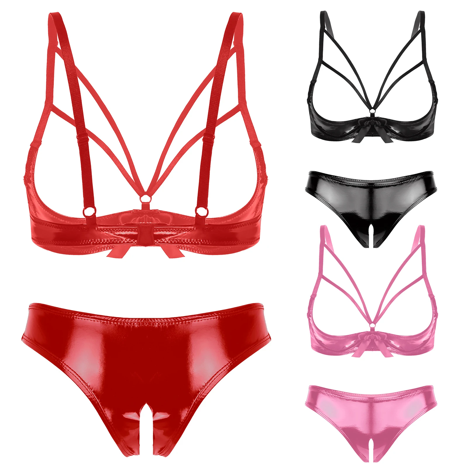 Womens Wet Look Patent Leather Sexy Lingerie Set Underwear Strappy Open Cup Bowknot Underwired Bra Tops with Crotchless Briefs