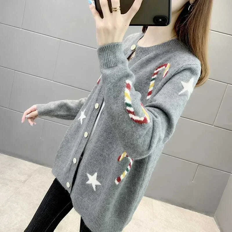 Maglione da donna grigio grafico carino Kawaii top in maglia per donna Cardigan ricamato economia design moderno Trend 2024 vendita alta