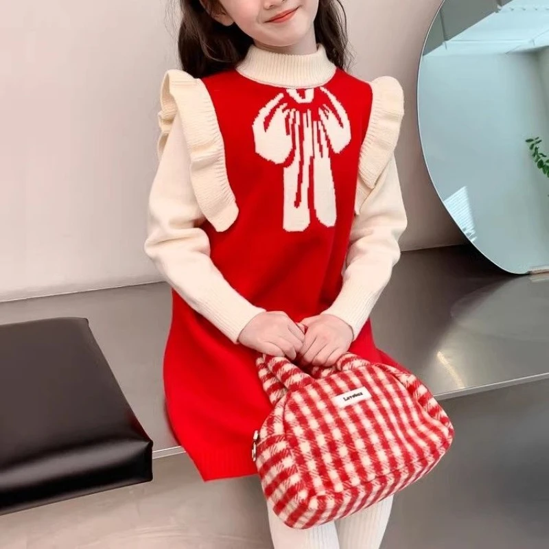 

Новинка 2025 года, осенне-зимнее вязаное платье для девочек, водолазка с длинными рукавами, свитер, стильный детский трикотаж