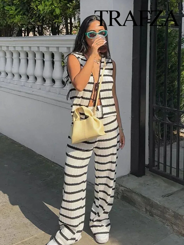 TRAFZA Women Summer 2 Piece Suit Black And White Striped V-Neck Lace-Up Tops+WomanKnitted High Waist Wide Leg Pants Set Traf