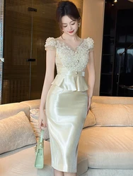 Summer Fashion Lace Spliced Formal Dress Women Clothes Elegant Sweet Short Sleeve Robe Party Birthday Vestidos Mujer Office Lady