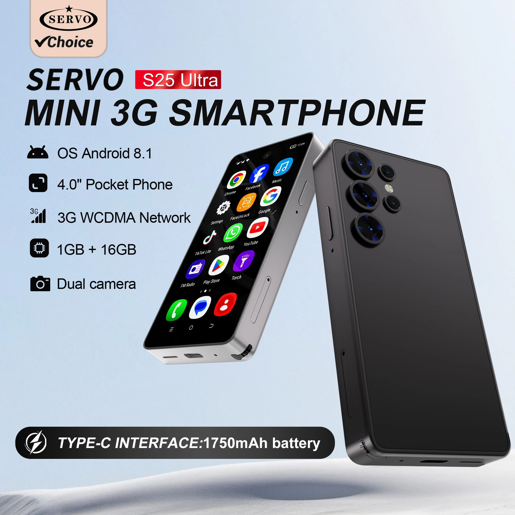 SERVO Mini Android Smartphone with Stylus 3G WCDMA 16GB ROM Play Store WhatsAPP WiFi Face Unlock 4.0