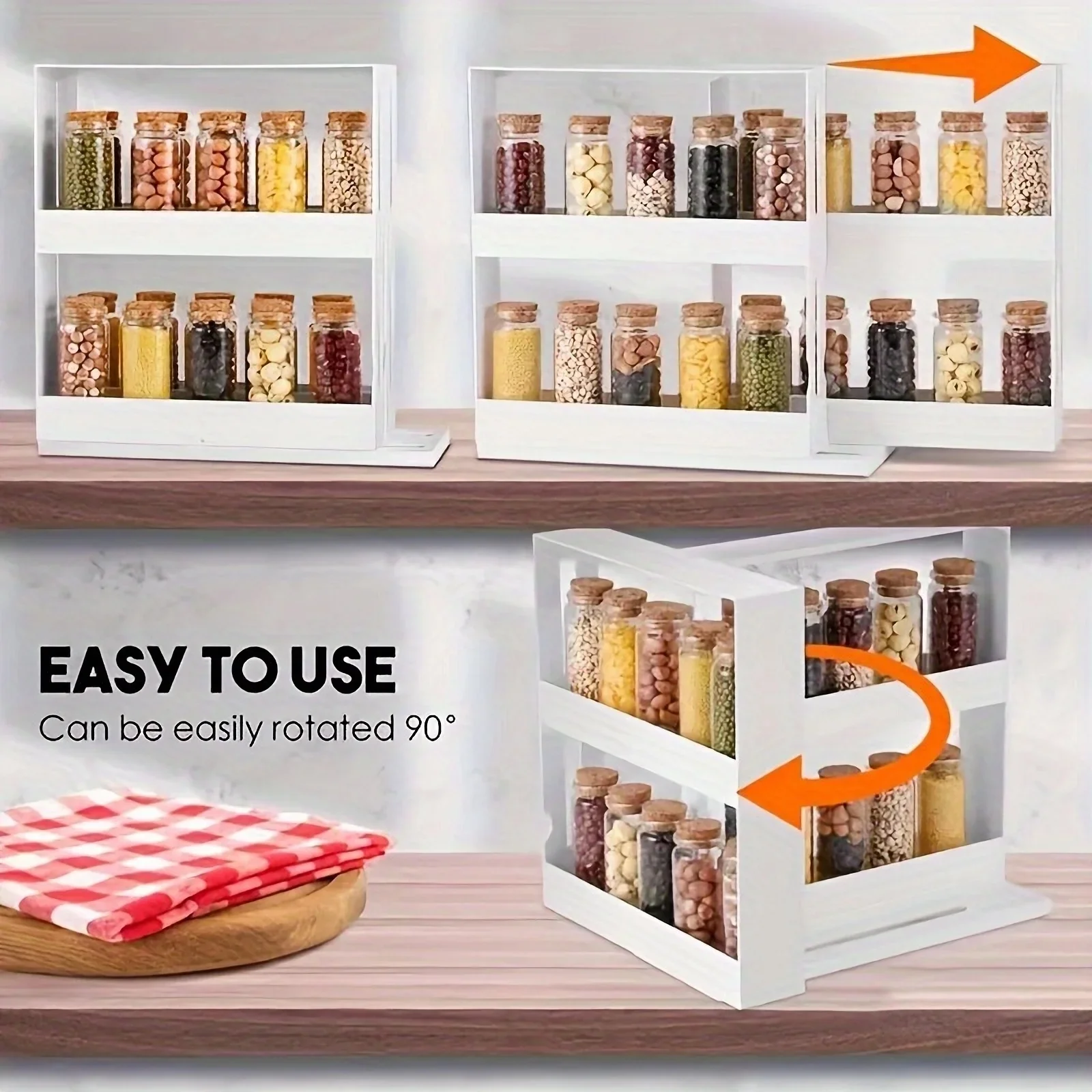 

2 Tier Storage Rack Multi-Function Rotate Spice Storage Rack Household Storage and Organizer Rack 90 Degree Countertop Kitchen