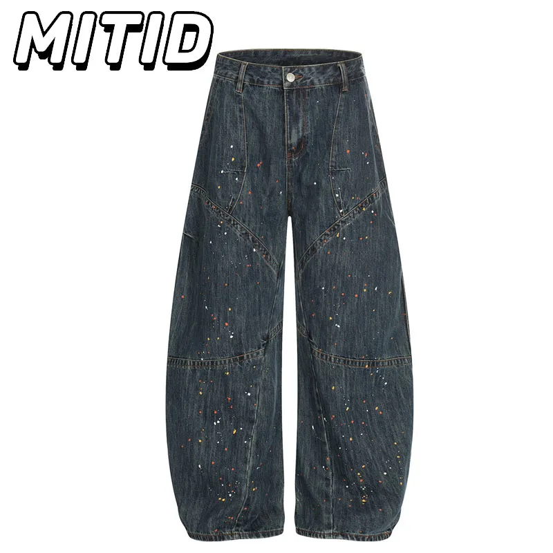 American Retro Denim Curved Knife Pants Men Hip Hop Punk Style Ink Splash Denim Trousers Men Full Length Wide Leg Pants Men