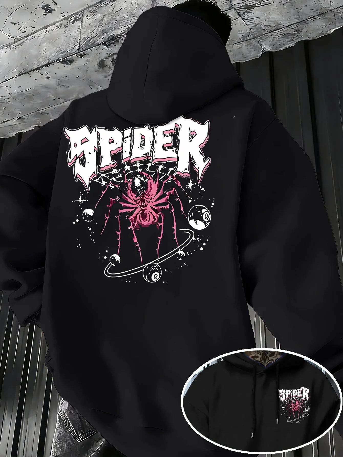 Punk Rock Spider Graphic Hoodie Gothic Font Space Planet 8 Ball Double Sided Print Loose Men Women Hoodie