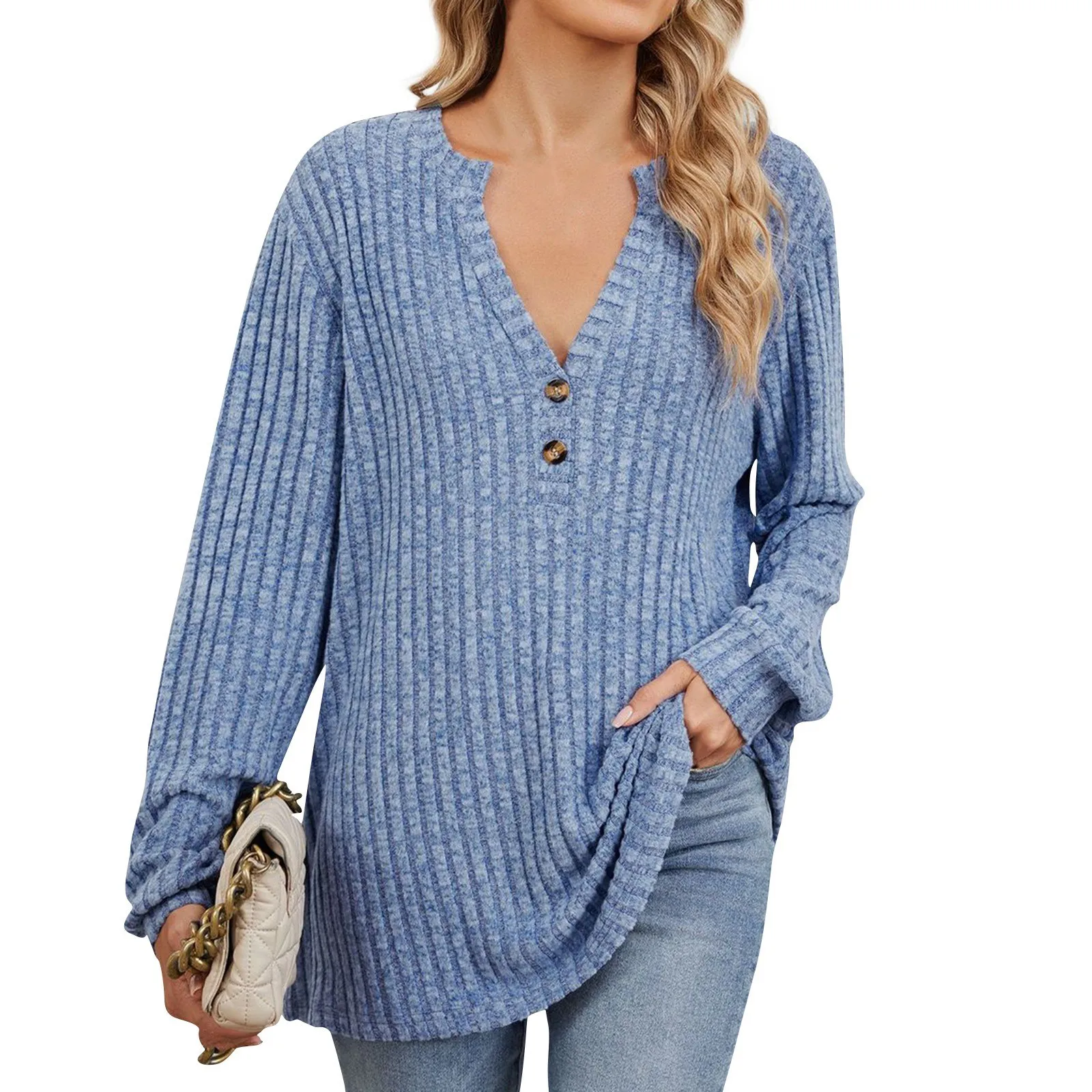 

2025 Women's Fashionable Loose T-shirt Top Solid Color V Neck Button Long Sleeved Top Comfortable Casual Sweaters Clothes