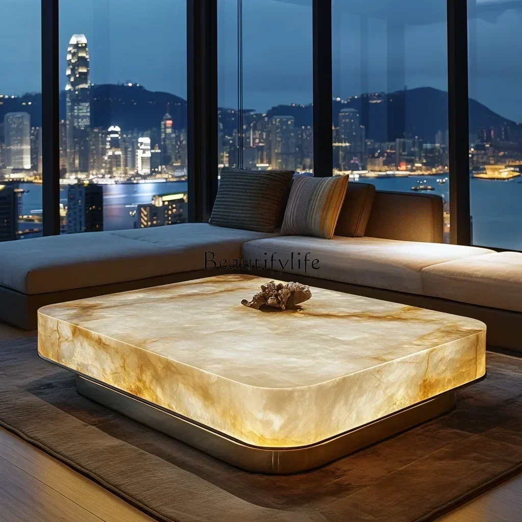 

yj19 Jade square luminous coffee table premium villa living room modern minimalist marble Venice light luxury stone