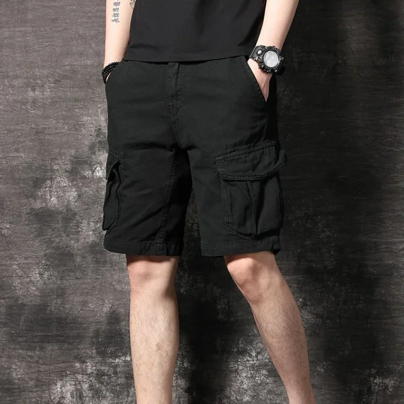 Male Bermuda Short Pants Solid Men's Cargo Shorts Cotton Khaki With Pockets Summer Casual Jorts Trend Unique Wide Front Pocket