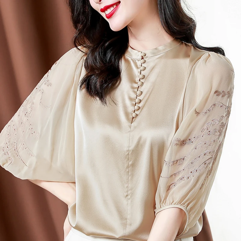 Summer Satin Silk Blouse Women Embroidery Shirts Women Elegant Solid Half Sleeve Loose Women Tops Simple Design Female Clothing