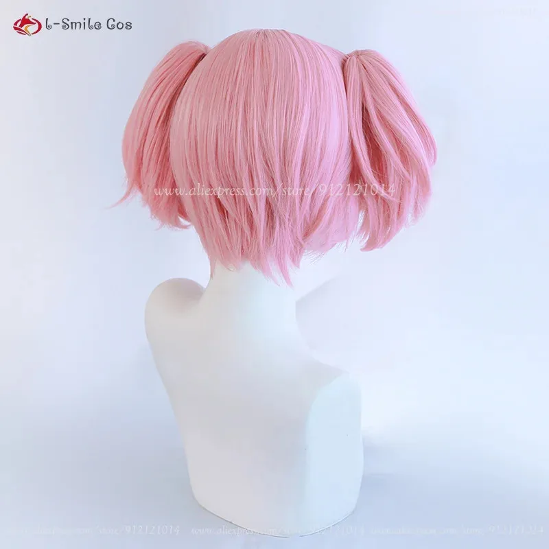CyAnime Madoka Kaname Cosplay Wig Light Pink Double Ponytail Clip Wig Heat Resistant Synthetic Hair Halloween Party Wigs + Wig C