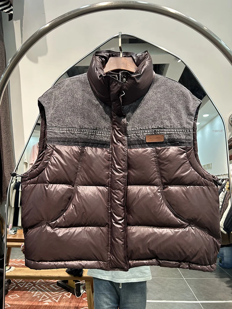 

Autumn Winter Stand Collar Denim Splicing Down Vest Women White Duck Down Sleeveless Vests Female Zipper Warm Glossy Waistcoat