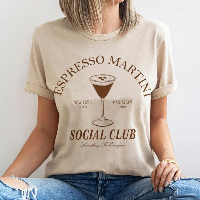 Vintage Alcohol Drinking T Shirt Espresso Martini Social Club Women's T-Shirts Cute Cocktail Party Graphic Tees Retro Clothes