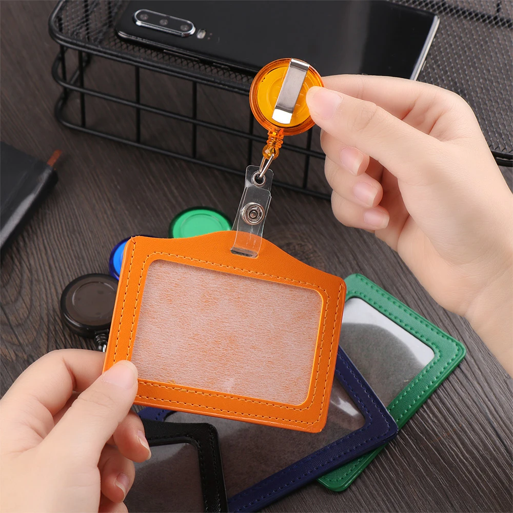 Business Card Badge Holder Clip Horizon Style PU Leather Nurse Doctor ID Badge Holder Name Card Holder Retractable Badge Reels