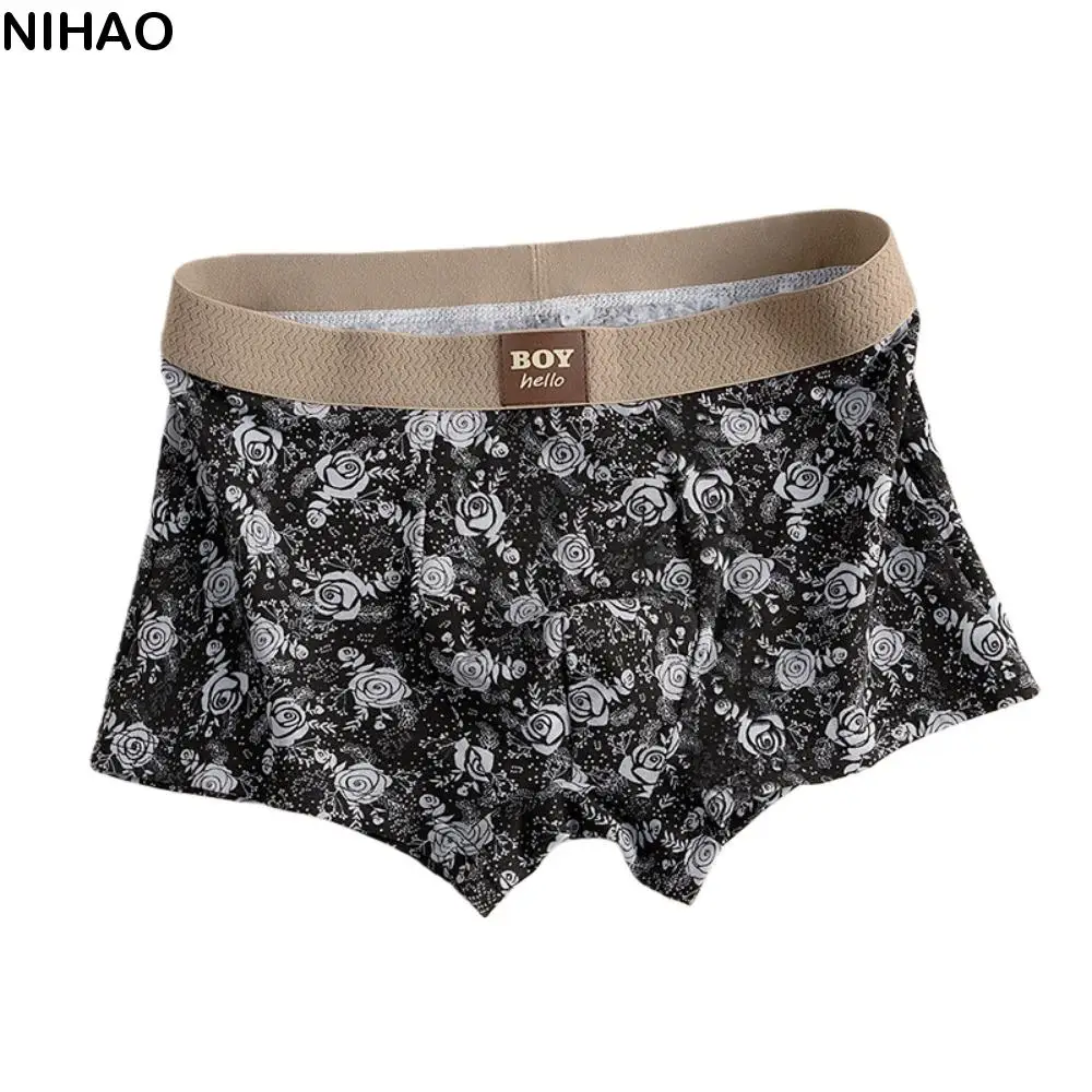 

L-3XL Plus Size Men's Boxer Briefs Seamless Retro Rose Flower Underwear for Man Elastic Mid Waist Printed Panties Male