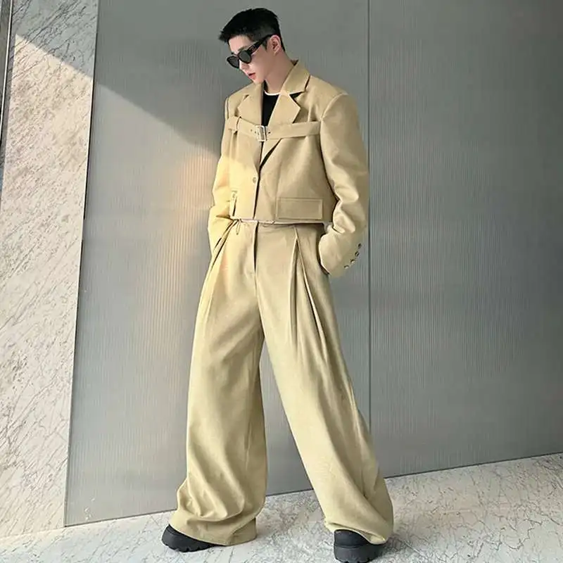LUZHEN Spring New Original Belt Splicing Design Short 2025 Blazer Coat Men's Elegant Loose Straight Pants Two-piece Sets JY2597