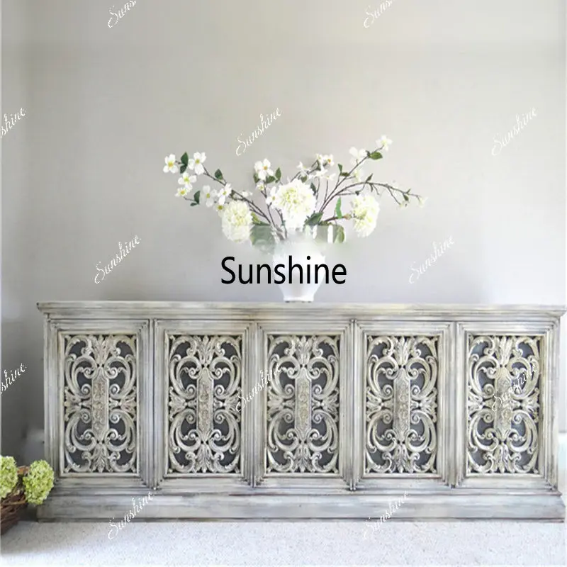 American retro full solid wood carving flower TV cabinet style side storage