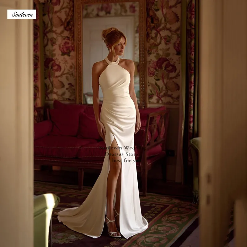 

Smileven Sexy Mermaid Wedding Dress Halter Neck Bride Dresses Vestido de novia Side Split Wedding Gowns Customized