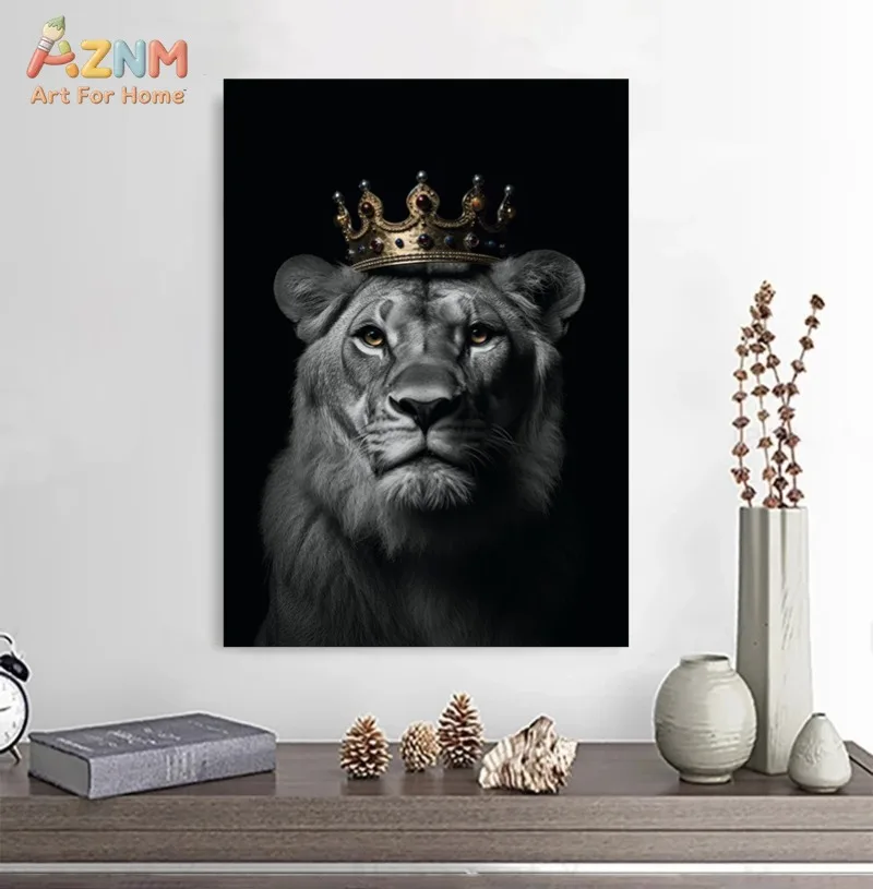 AZNM Black White Crown Wild Animal Canvas Print Lion Lioness Tiger Wolf Bear Gorilla Portrait Unframed Canvas Wall Art Luxury Li