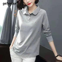 2024 Spring Autumn Women Korean Fashion Elegant Print Polo Collar T-shirt Female Casual Long Sleeve Loose Cotton Tops Camisetas