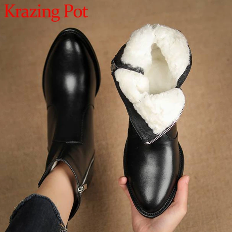 

Krazing Pot Wool Cow Leather Pointed Toe Med Heel Snow Boots Cold-resistant European Style Keep Warm Fur Zipper Ins Ankle Boots