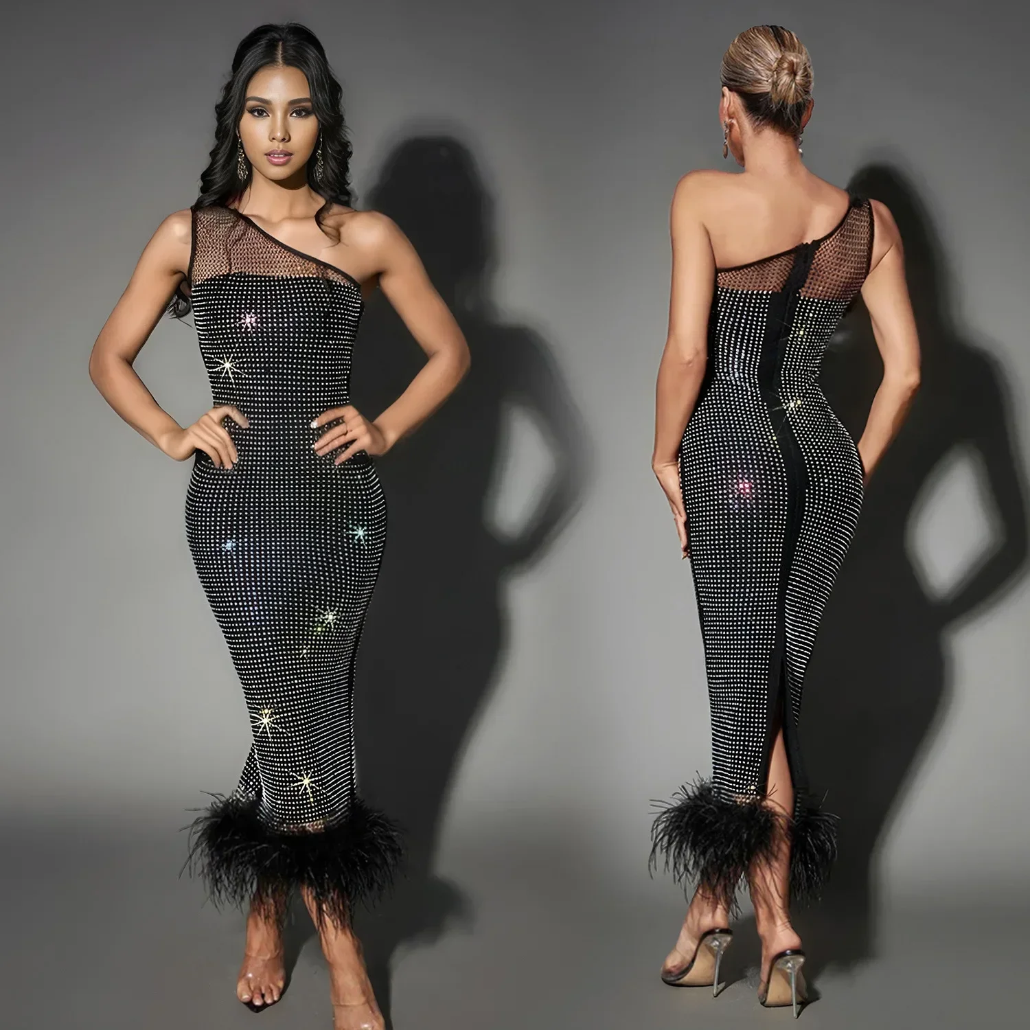 Fashion Women\'s Wear Single Shoulder Mesh Rhinestone Feather Bandage One Piece Dress Sleeveless Evening Formal Dress