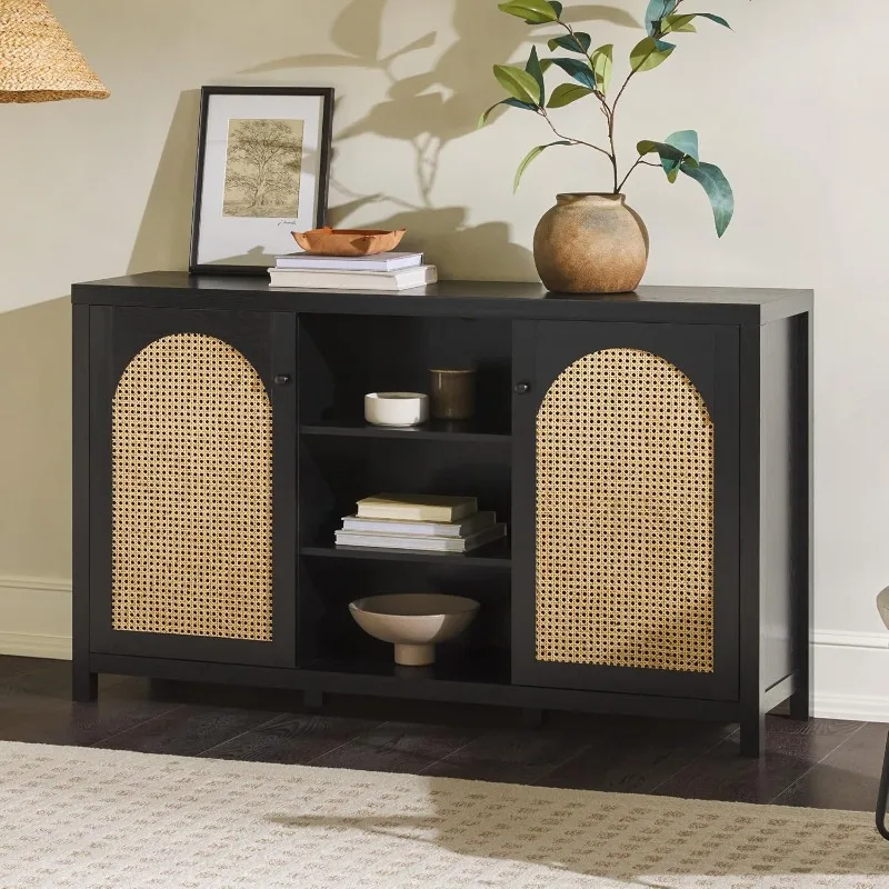 Modern Arched Rattan 2-Door Sideboard, 58 Inch, Black