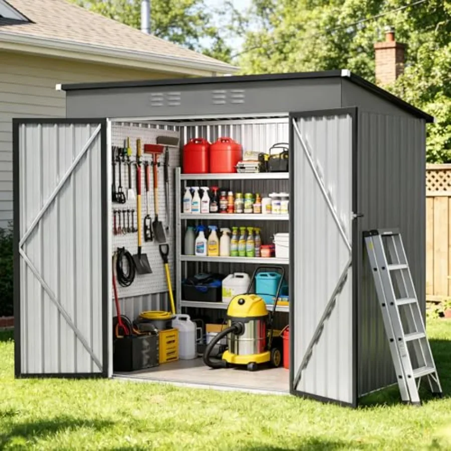 6 x 4 FT outdoor storage shed for backyard garden patio and lawn, metal construction with sloping roof and lockable door, grey