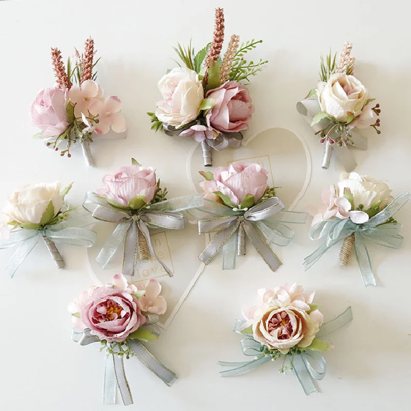 Boutonniere และข้อมือ corsag ฉลองทางธุรกิจเต้านมอุปกรณ์ตกแต่งโรงภาพยนตร์สีม่วงจำลองดอกกุหลาบข้อมือดอกไม้291