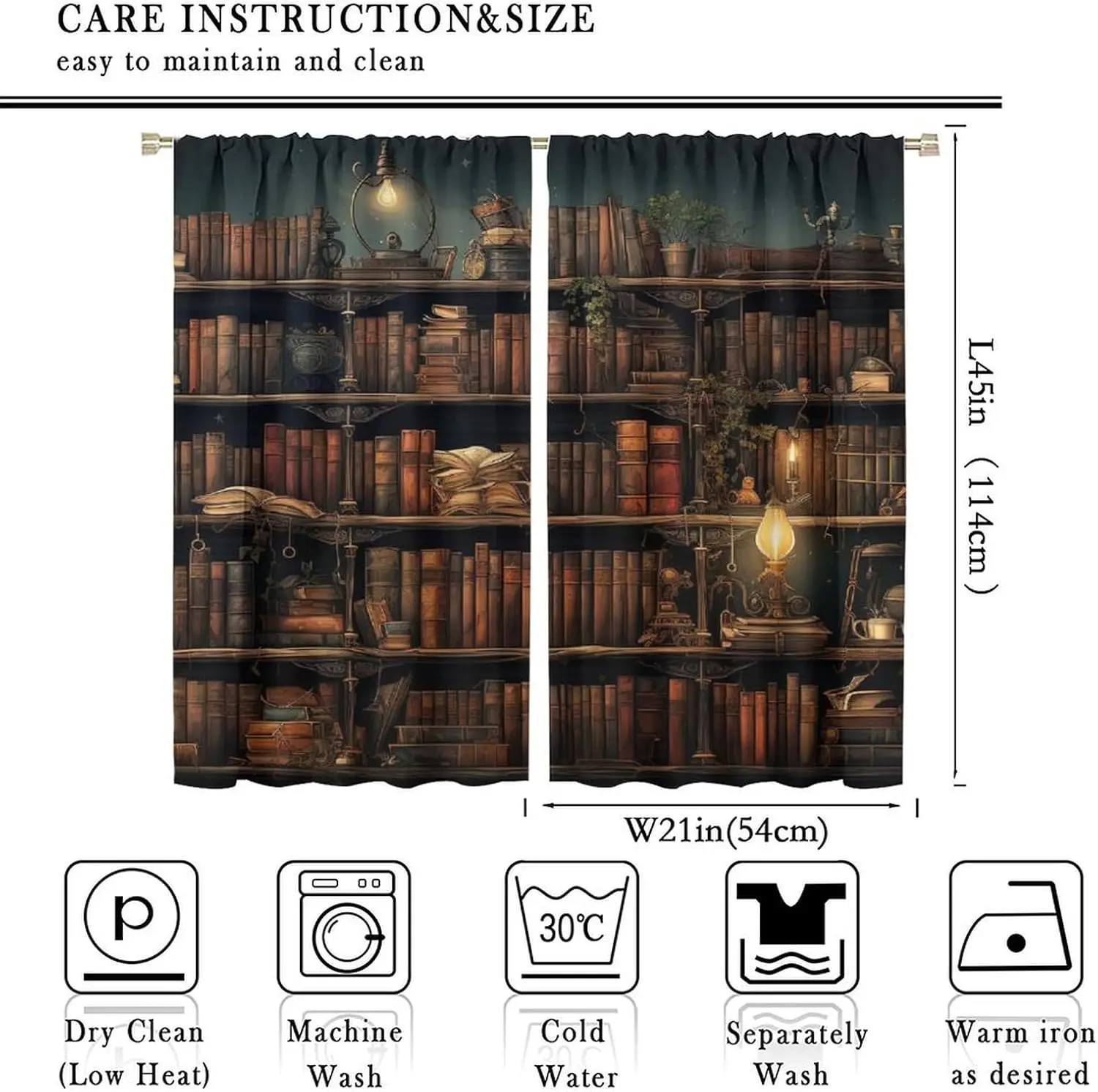 Dark Academia Library Curtain 2 Panels, Vintage Books Antique Lamp Clock Dark Shelf Print, Drapes for Bedroom Study Curtain
